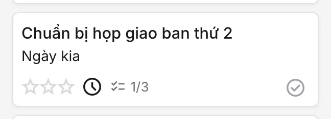 Thẻ việc hiện tiến độ checklist 1 trên 3