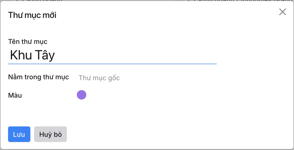 Hộp thoại Thư mục mới: tên, thư mục cha, màu